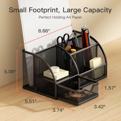 Picture of "Desktop Pen Holder - Office Storage Box with Multiple Compartments, Metal Mesh Square Divided Container"-Black