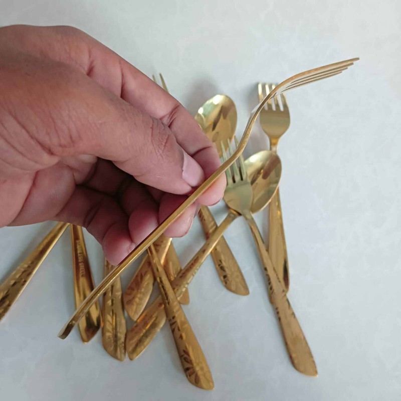 Picture of 12 pcs set  Golden color Tea spoon & Fork spoon set for Tableware , golden Fork spoon , 15 cm long Fork spoon golden AYD Brand golden Fork spoon 6 pcs tea spoon and 6 pcs fork spoon 15 cm long spoon-Gold