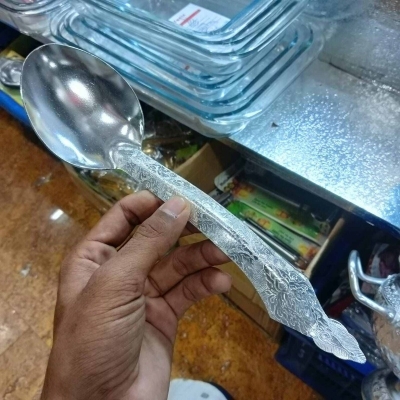 Picture of Rice Bowl & Ladle Spoon Thai Pattern Rice Container Aluminum Curry Serving-Silver