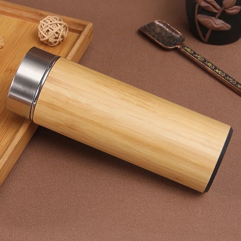 Picture of 500ml Creative Bamboo Thermos Bottle Stainless Steel Water Bottles Vacuum Portable Coffee Bottle Thermos Cup-Brown