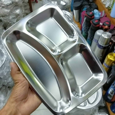 Picture of 1 pcs stainless steel 3 compartment cafetoria plate for medical use, baby plate silver colour mirror polish  plate-Silver