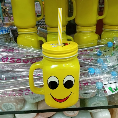 Picture of 1 pcs Emoji Yellow Glass Mug With Straw-Yellow