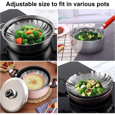 Picture of Multifunctional Stainless Steel Folding Fruit Tray Retractable Collapsible Steamer for Kitchen 1 pcs-Silver