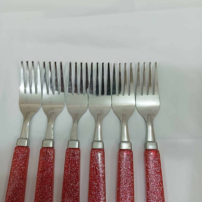 Picture of Dining Fork 6-Pieces Set for Kitchen and Dining Table Steel with Glitter Red Plastic Handle Fork Spoon Set for Home and Kitchen (Set of 6)-Red