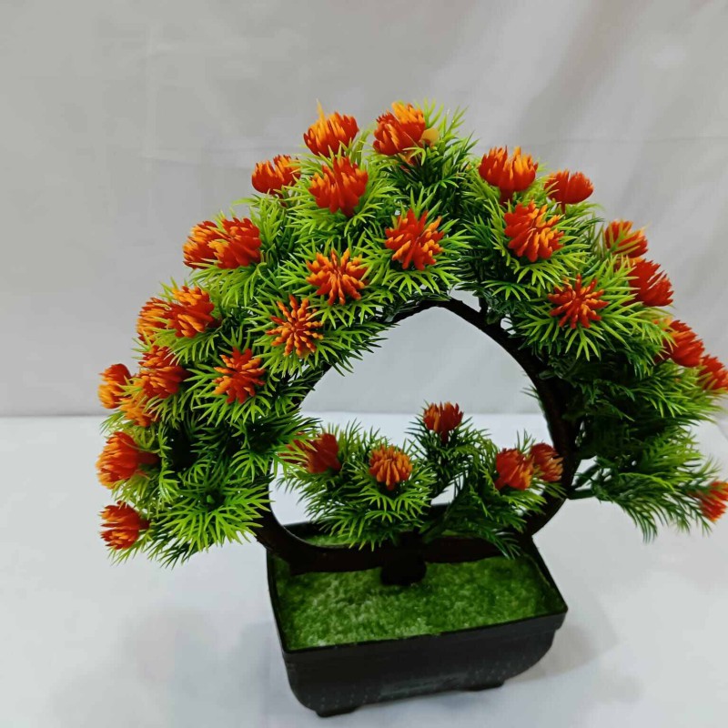 Picture of Office Table Decoration: Heart Shape Design Green Artificial Bonsai Tree with Mini Multi-Color Flowers and Plastic Vases, 11 Inch, Gram Beauty Flower-Multicolor