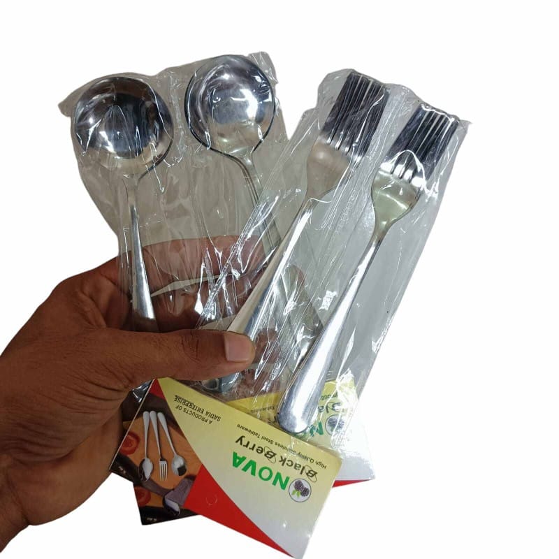 Picture of Nova-12pcs stainless steel spoon set 6 pcs round sup spoon and 6 pcs fork spoon combo pake of 12 silver color mirror polish spoon 15cm long heavy spoon dishware save easy to clean (12pcs set)-Silver