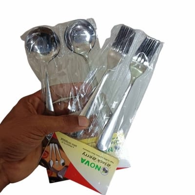 Picture of Nova-12pcs stainless steel spoon set 6 pcs round sup spoon and 6 pcs fork spoon combo pake of 12 silver color mirror polish spoon 15cm long heavy spoon dishware save easy to clean (12pcs set)-Silver