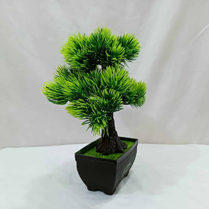 Picture of Artificial Bonsai Tree with 3 Green Heads and Plastic Vases for Office Decoration, Gram Beauty Flower-Multicolor