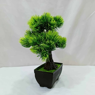 Picture of Artificial Bonsai Tree with 3 Green Heads and Plastic Vases for Office Decoration, Gram Beauty Flower-Multicolor