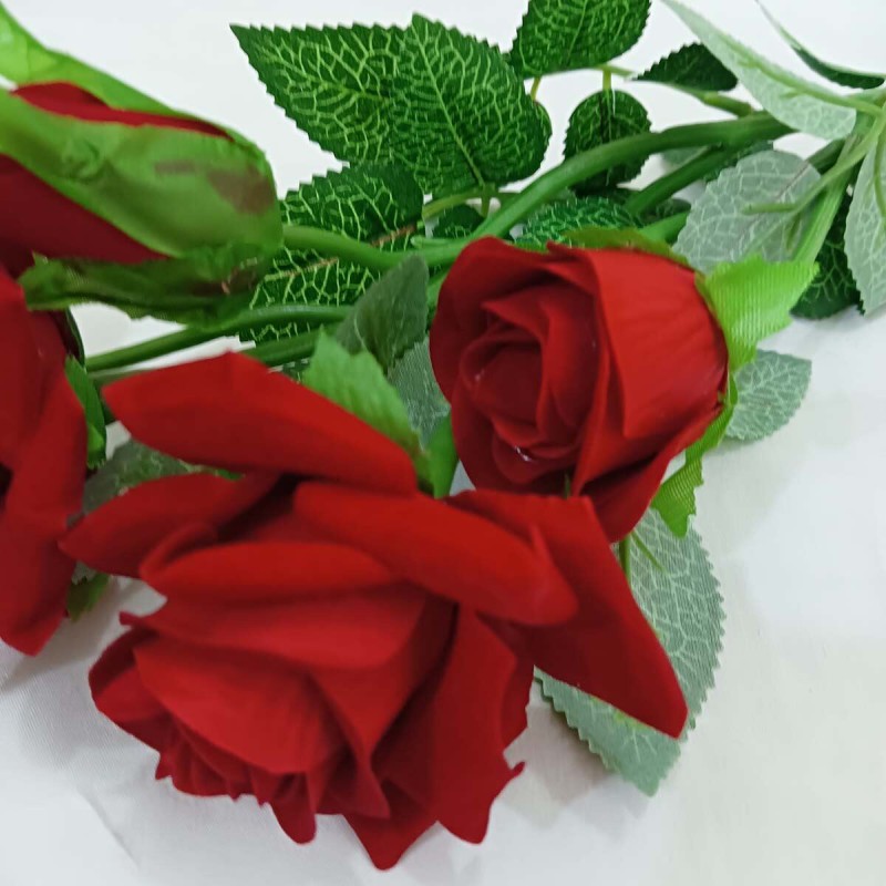 Picture of Beautiful 12-inch Red Rose Flower Bunch - Natural Looking Leaves, 5 Flowers-Multicolor