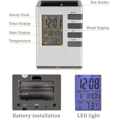 Picture of Multifunctional Digital Desk Pen Holder Pen Holder Desk Organiser LED Alarm Clock Thermometer Calendar Display-Silver