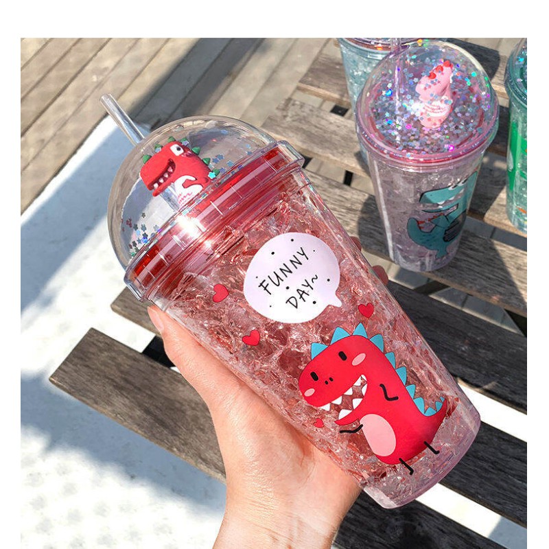Picture of Children's Plastic Cup with Straw, for Dinosaur Dolls, 2 Layers, Freezer Water Bottle, Summer Gift-Multicolor