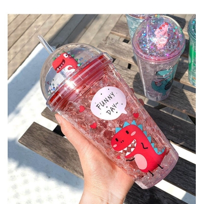 Picture of Children's Plastic Cup with Straw, for Dinosaur Dolls, 2 Layers, Freezer Water Bottle, Summer Gift-Multicolor