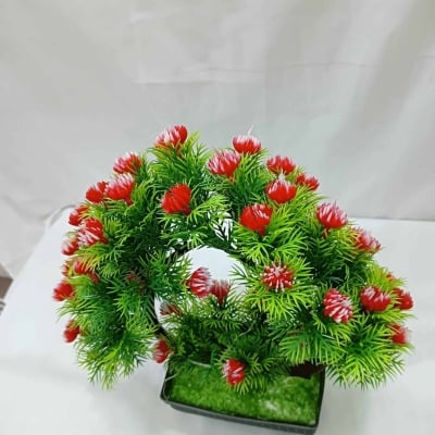 Picture of Heart Shape Design Green Artificial Bonsai Tree with Mini Multi-Color Flowers and Plastic Vases, 11 Inch Long, for Office Table Decoration, Gram Beauty Flower-Multicolor