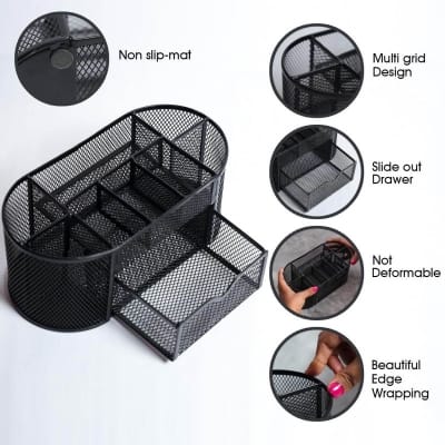 Picture of "Durable Black Metal Mesh Desk Organizer - Multi-Functional Pen Holder, Fireproof, High-Temperature Resistant, 10.5 x 11 x 22 cm, Coated Finish, Ideal for Office & School, 1 Piece"-Black