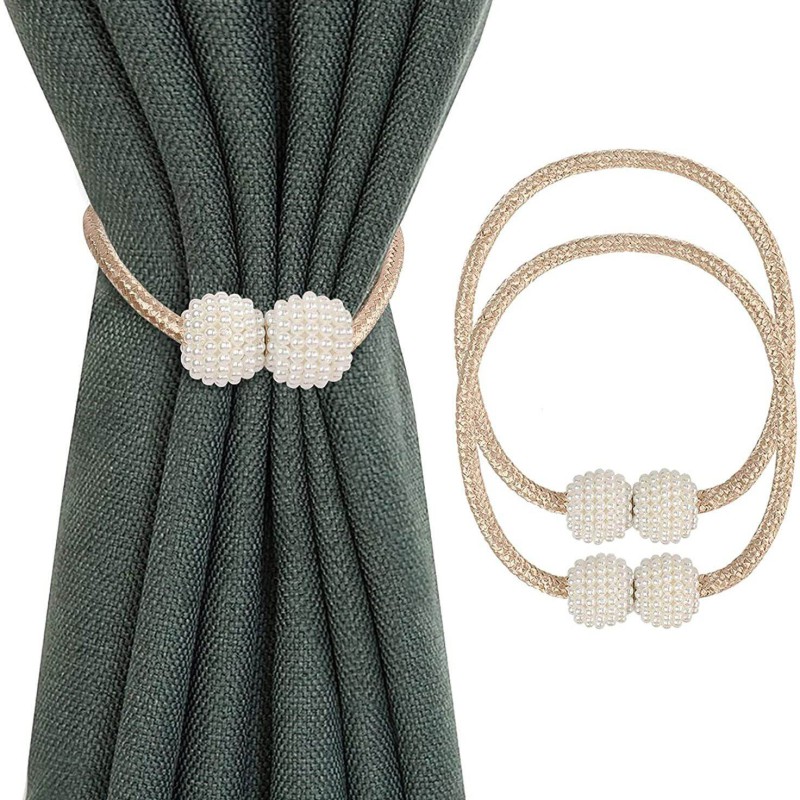 Picture of Magnetic Curtain Tiebacks Convenient Drape Tie Backs - Pearl Decorative Rope Holdback Holder for Window Drapries Color Beige (1pair 2 pcs)-Multicolor