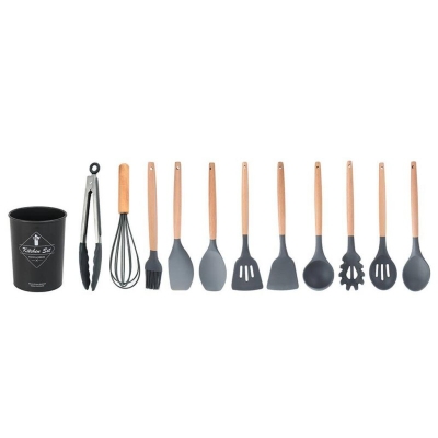 Picture of Kitchen Utensil Set 12 Piece Kitchen Utensil Set Nonstick Silicone & Wooden Utensils, Bpafree, Nontoxic Spatula, Tongs, Spatula, Spoon Set-Black