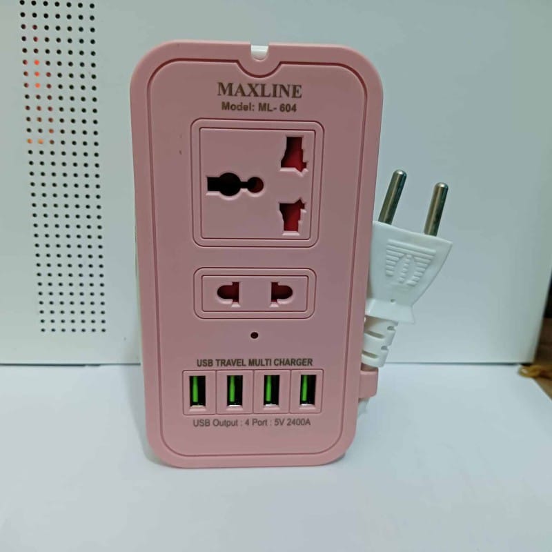 Picture of 1 pcs Maxline Smart 4 USB Port & 2 Power Socket travel multi charger with multi plug 6 Feet long cable-Multicolor
