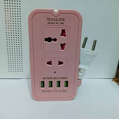 Picture of 1 pcs Maxline Smart 4 USB Port & 2 Power Socket travel multi charger with multi plug 6 Feet long cable-Multicolor