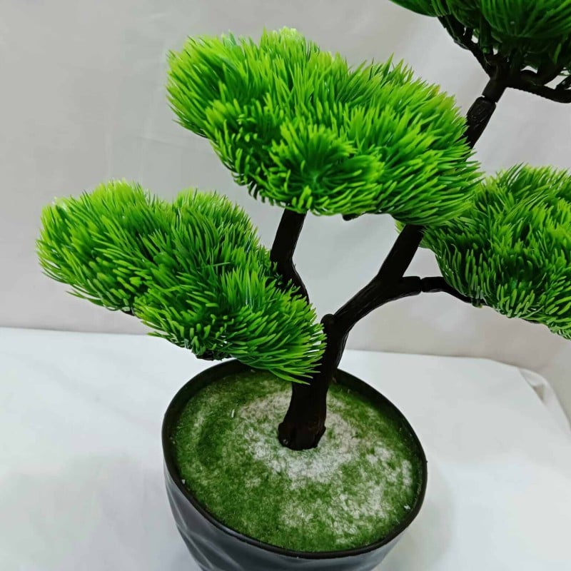 Picture of 4 Heads Green Artificial Bonsai Tree with Plastic Vases, 15 Inch Long, for Office Table Decoration, Gram Beauty Flower-Multicolor
