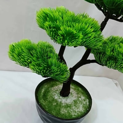 Picture of 4 Heads Green Artificial Bonsai Tree with Plastic Vases, 15 Inch Long, for Office Table Decoration, Gram Beauty Flower-Multicolor