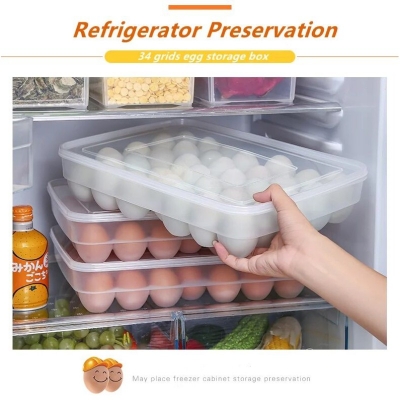 Picture of Durable 34-Grid Egg Storage Box with Lid, BPA-Free Food-Grade Plastic. Perfect Fit for Every Egg. Ideal for Refrigerator or Kitchen Use. Holds 34 Eggs. Quantity: 1 Pc.-White