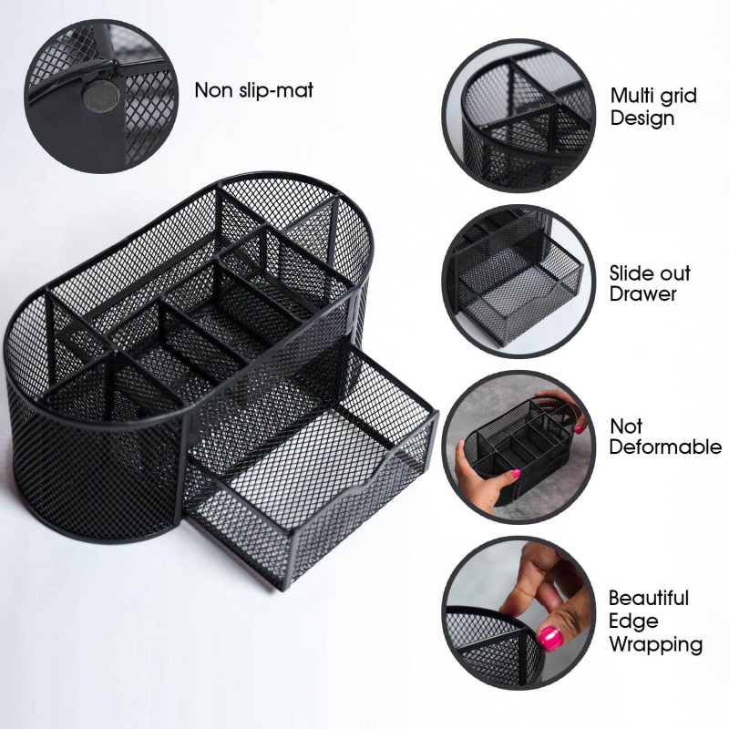 Picture of "Black Metal Desk Organizer - Fireproof & Durable Pen Holder, High-Temperature Resistant, Coated Finish, 10.5 x 11 x 22 cm, Multi-Functional for Office & Study, 1 Piece"-Black