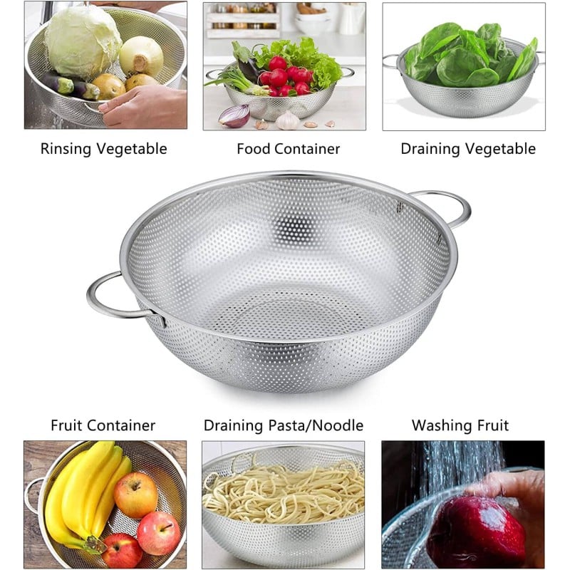Picture of Set of 3, Stainless Steel Micro-Perforated Colanders Strainers for Draining Rinsing Washing, Ideal for Pasta Vegetables Fruits, Heavy Duty & Dishwasher Safe 22cm, 24cm and 26cm-Silver
