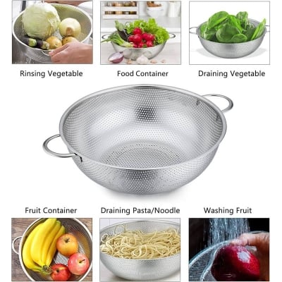 Picture of Set of 3, Stainless Steel Micro-Perforated Colanders Strainers for Draining Rinsing Washing, Ideal for Pasta Vegetables Fruits, Heavy Duty & Dishwasher Safe 22cm, 24cm and 26cm-Silver
