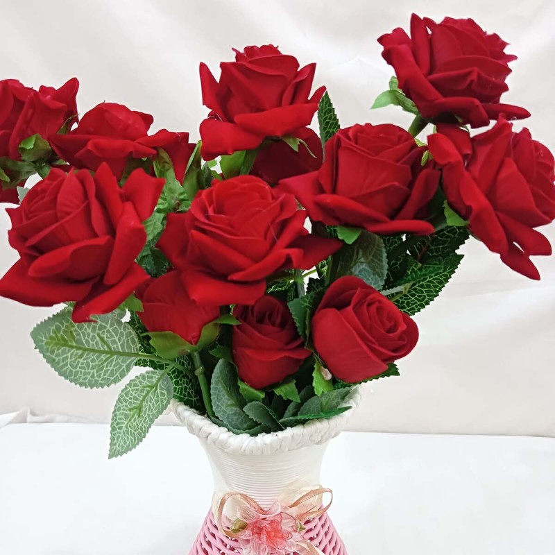 Picture of Artificial Velvet Roses Bunch in Multicolor Guldasta Pot - 14-15 Real Looking Heads, Plastic & Fabric, Vase & 3 Sticks Included - Ideal for Home & Restaurant Decor-Multicolor