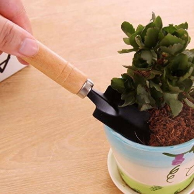 Picture of 3 Piece Gardening Tool Set Mini Wood Handle Shovel Trowel Gardening Tools for Flowers Succulent Tranplanting (Small) - Gardening Tools-Brown