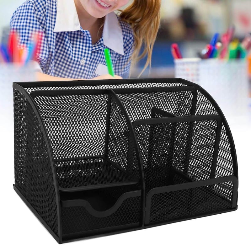 Picture of Desk Pen Holder, Multifunctional Sturdy Durable Classic Style Dorm Small Desk Organizer for Office Desk-Black