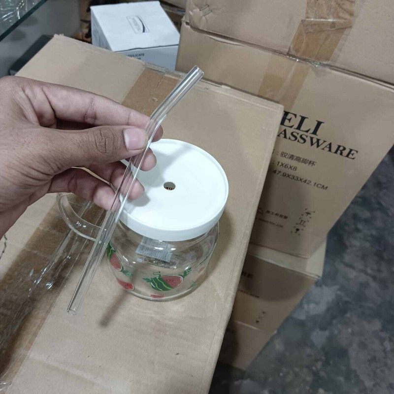 Picture of 1 pcs Glass Juice Sipper Mug with Plastic Lid & Glass Straw-Multicolor