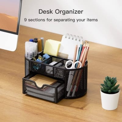 Picture of Black Metal Mesh Desk Organizer Pen Stand with Drawe-Black