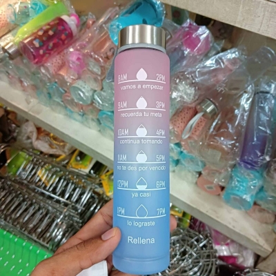 Picture of 1pc 300ml large capacity pink gradient PC water bottle, with sticker sports and fitness portable straw cup, for home and travel outdoor use-Multicolor