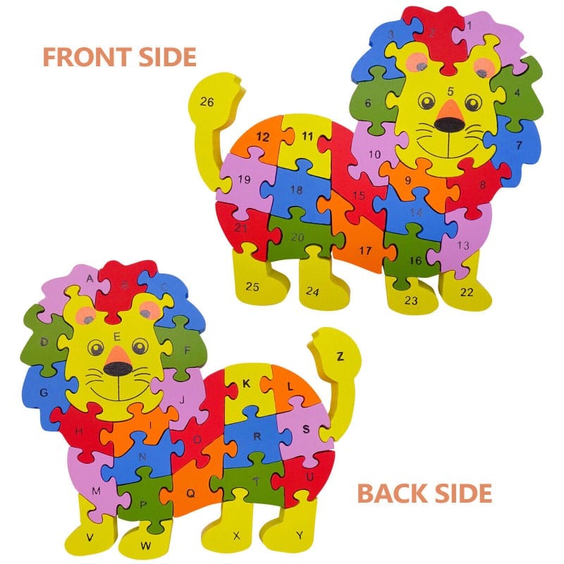Picture of A to Z and 1-26 Lion Wooden Jigsaw Puzzle for Kids - Includes 26 Capital Alphabet Letter Pieces - Improve Skills, Problem Solving Ability - Ages 2 Years +-Multicolor
