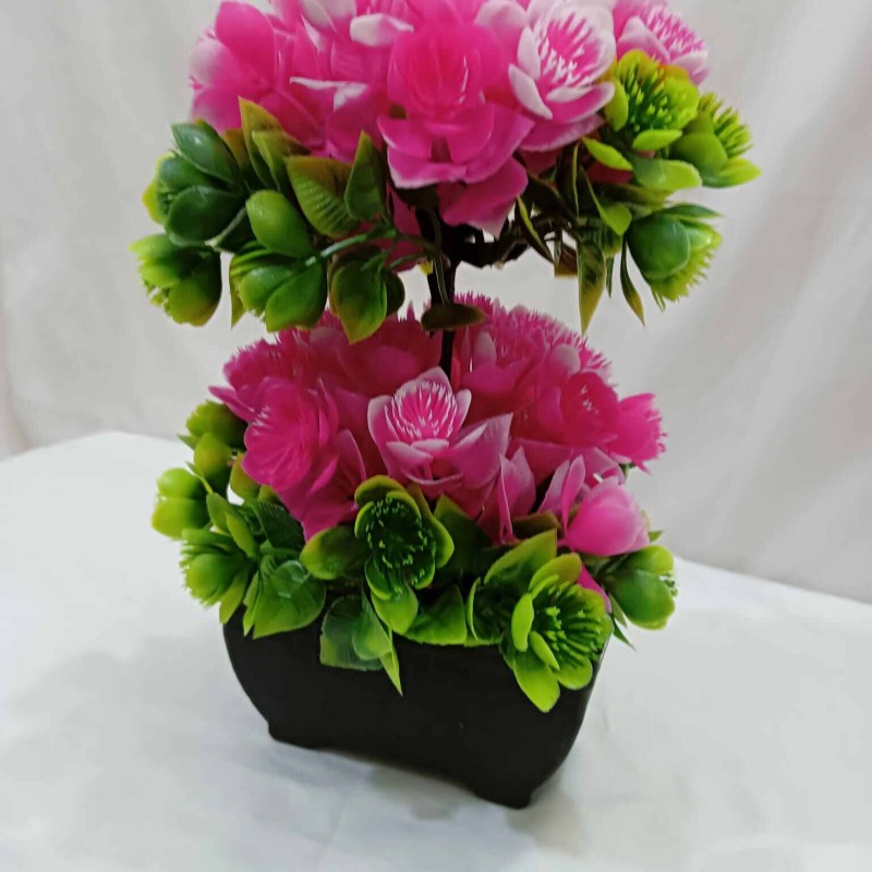 Picture of Artificial Bonsai Tree with 2 Heads and Multiple Color Flowers in Plastic Vases for Office Table Decoration, Gram Beauty Flower Included-Multicolor