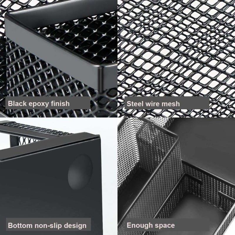 Picture of "Multifunctional Black Metal Desk Organizer - Creative 3-Grid Rack, Fireproof Pen Holder, High-Temperature Resistant, Coated Finish, 20.4 x 10.4 x 9.7 cm, Ideal for Office & Student Desks, 1 Piece"-Black