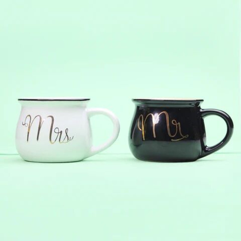 Picture of Mr & Mrs. Ceramic Mugs set-2 pcs set Black and white-Multicolor