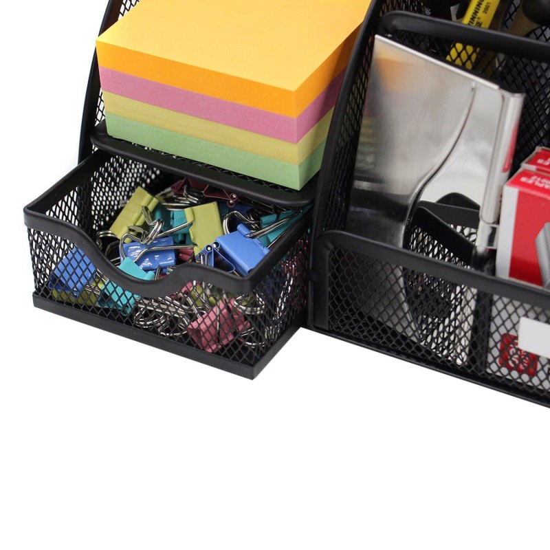 Picture of 7 Compartment Metal Mesh Desk Organizer with Drawer-Black