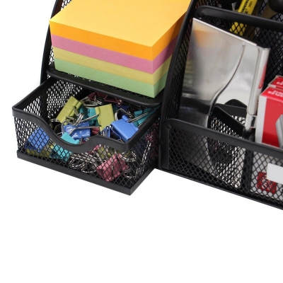 Picture of 7 Compartment Metal Mesh Desk Organizer with Drawer-Black