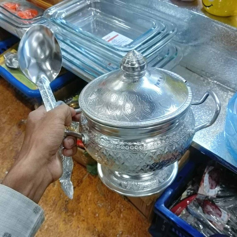 Picture of Rice Bowl & Ladle Spoon Thai Pattern Rice Container Aluminum Curry Serving-Silver