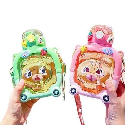 Picture of 1L Kids Outdoor Sport Water Bottle with Straw Time Marker BPA Free Drinking Kettle Cartoon Double Mouthed Plastic Drink Bottle-Green