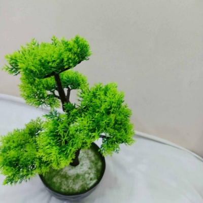 Picture of 5 Heads Green Artificial Bonsai Tree in Plastic Vases - Office Table Decoration with Gram Beauty Flower-Multicolor