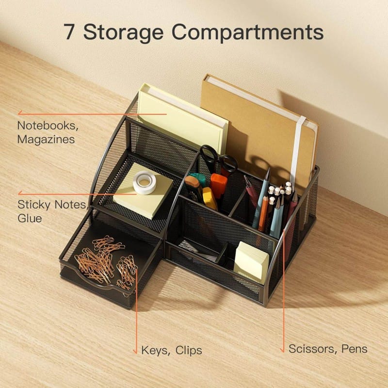 Picture of "Desktop Pen Holder - Office Storage Box with Multiple Compartments, Metal Mesh Square Divided Container"-Black