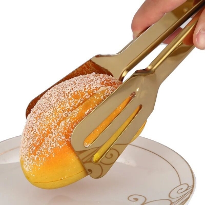Picture of Stainless Steel Shell Hollow Food Tongs Non-Stick Barbecue Steak Clip Long Handle Buffet Tweezers Utensils for Home Kitchen golden color-Gold
