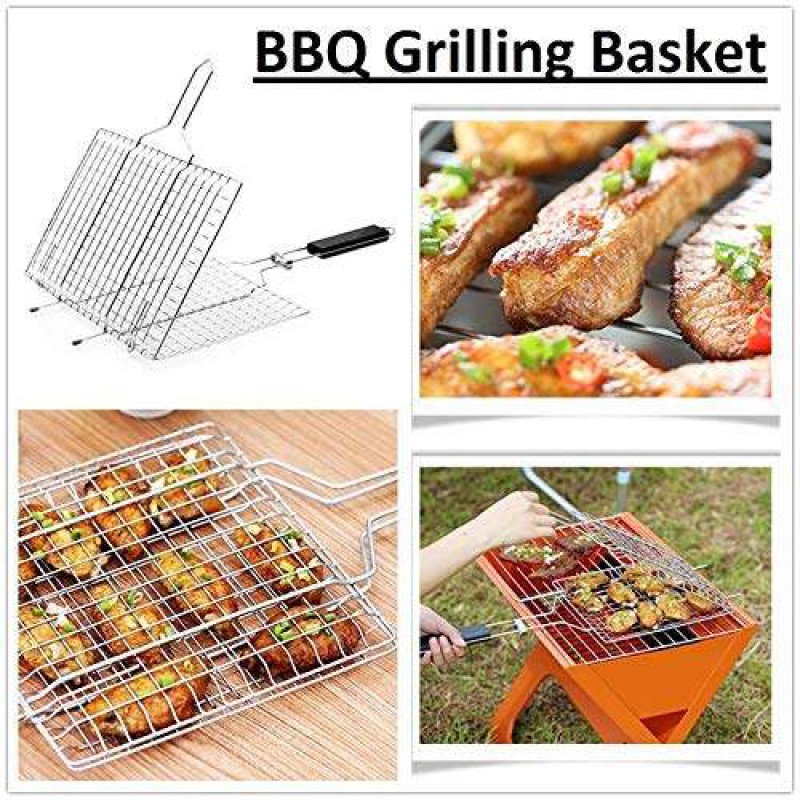 Picture of New Portable Barbecue BBQ Grill Net Basket Roast Grilling Tray Chromium Plated with Wooden Handle (Big)-Silver