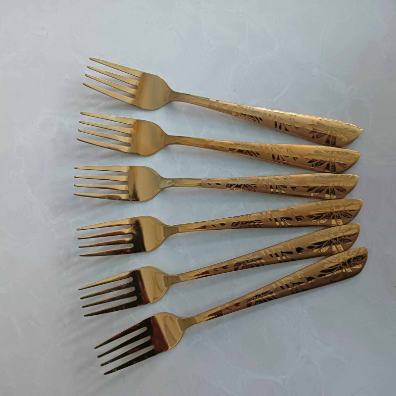 Picture of 12 pcs set  Golden color Tea spoon & Fork spoon set for Tableware , golden Fork spoon , 15 cm long Fork spoon golden AYD Brand golden Fork spoon 6 pcs tea spoon and 6 pcs fork spoon 15 cm long spoon-Gold