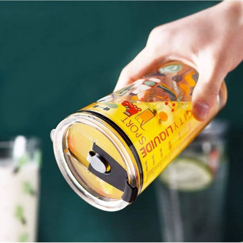 Picture of 1 pcs 350ml Clear Drinking Glass Cup with Straw for Children or Adults Glass Cup with Lid-Multicolor