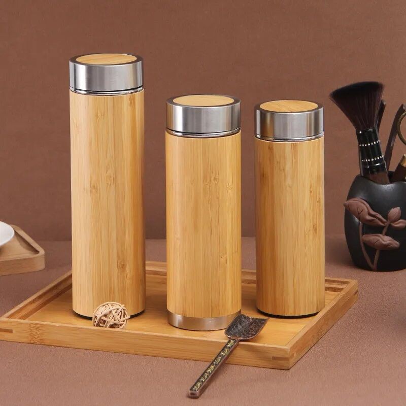 Picture of 500ml Creative Bamboo Thermos Bottle Stainless Steel Water Bottles Vacuum Portable Coffee Bottle Thermos Cup-Brown